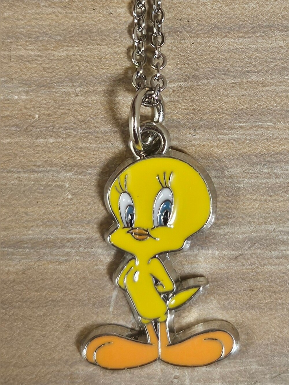 Tweety Metal TM & WB Enamel Silver Toned Charm & Chain Necklace Looney Tunes